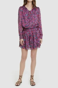 $820 Ramy Brook Women's Blue Pink Gessie Silk Print Long-Sleeve Mini Dress M - Picture 1 of 5