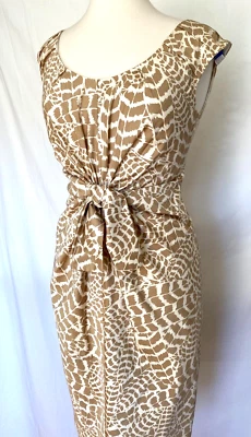 Magaschoni Collection Tan Ivory Animal Print Fitted Front Bow Tie Dress USA SZ 6 - Image 1 of 4