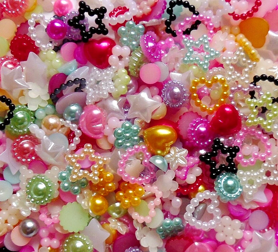 50 pcs x 3D Nail Art Mix "Pearls" Flowers,Hearts,Bows,Stars,Cabochon Decorations