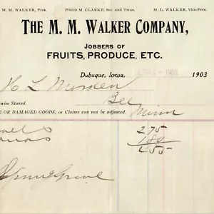Dubuque 1903, Iowa M.M. Billete antiguo Walker con membrete frutas plátanos recibo R1 - Imagen 1 de 3
