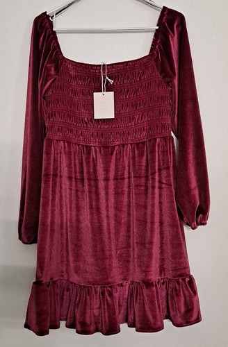 VALENTINO Lauren Conrad Vestito Vino M P Baby Doll Velluto Mini Party Top Smocked Nuovo con etichette