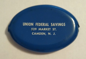 Union Federal Savings - NJ - Blue - 3" Oval Squeeze Rubber Coin Holder - Vintage