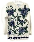 Golden Touch 18W Ivory Blue Floral Sweater  Long Tunic Length Cotton Vintage  