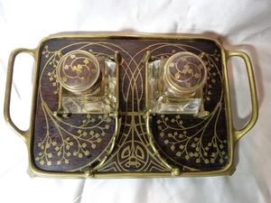 Encrier ancien art nouveau 1900 jugendstil autrichien Erhard & Söhne bois laiton - Imagen 1 de 24