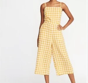 Old Navy Jumpsuit Damen großes weites Bein gelb Gingham Leinen gesmokt Picknick - Bild 1 von 10