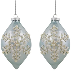 Northlight 2 Artic Blue Textured Snowflakes Finial Christmas Glass Ornaments 5" - Picture 1 of 7