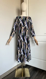 Chico’s Gr. 1/M Midikleid mit abstraktem Print schwarz bunt 3/4 Arm A-Linie Stretch - Bild 1 von 17