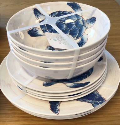SIGRID OLSEN HOME Sigrid Olsen Sea Turtle Blue Dinner Plate ,Salad Plate ,Bowls 12 Pc Set Melamine