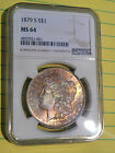 1879-S NGC MINT STATE 64 MORGAN SILVER DOLLAR UNUSUAL 2 SIDED RAINBOW TONING