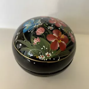 Vintage Black Lacquer Wooden Treen Hand Painted Floral Trinket Pot - Picture 1 of 9