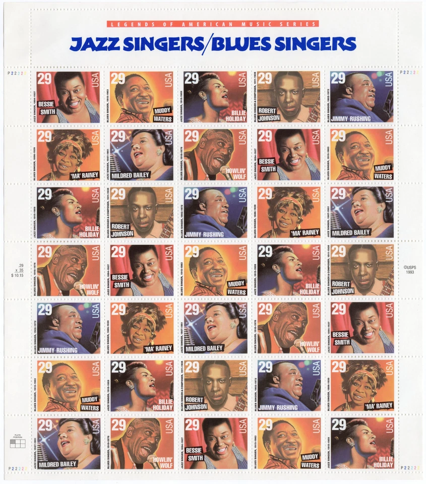 Scott #2861a (2854-61) Jazz and Blues Singers Sheet of 35 Stamps - MNH - Image 1 of 1