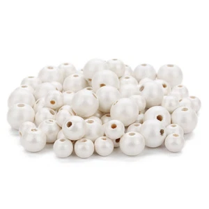 100pcs Pearl White Painted Round Wooden Beads DIY Macrame Jewelry Art Crafts - Picture 1 of 9