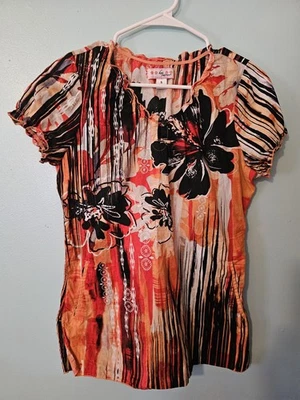 Koi Brand  Black, Orange And Peach Print Scrub Top  - sz S - Image 1 of 4