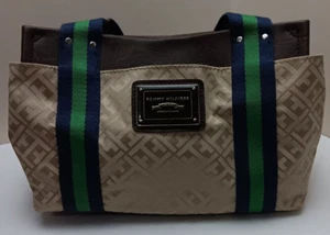 Tommy Hilfiger Medium Classic Green/Navy Stripe Straps Handbag Logo Purse - Picture 1 of 8