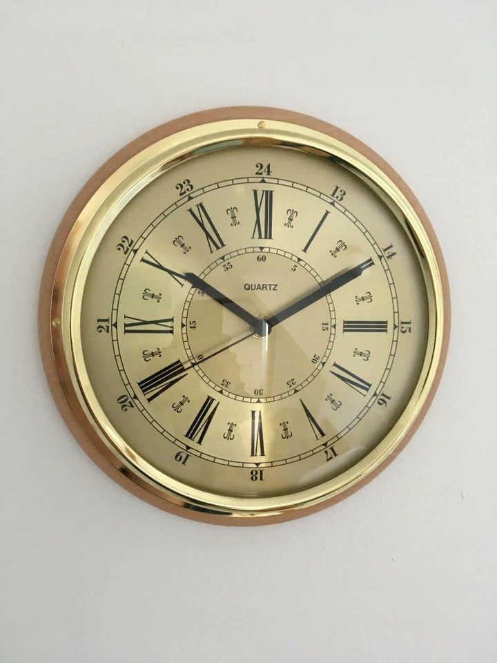 Brass Wall Clock Roman Numerals Beech Wood Mount Quartz Movement - Image 1 of 1