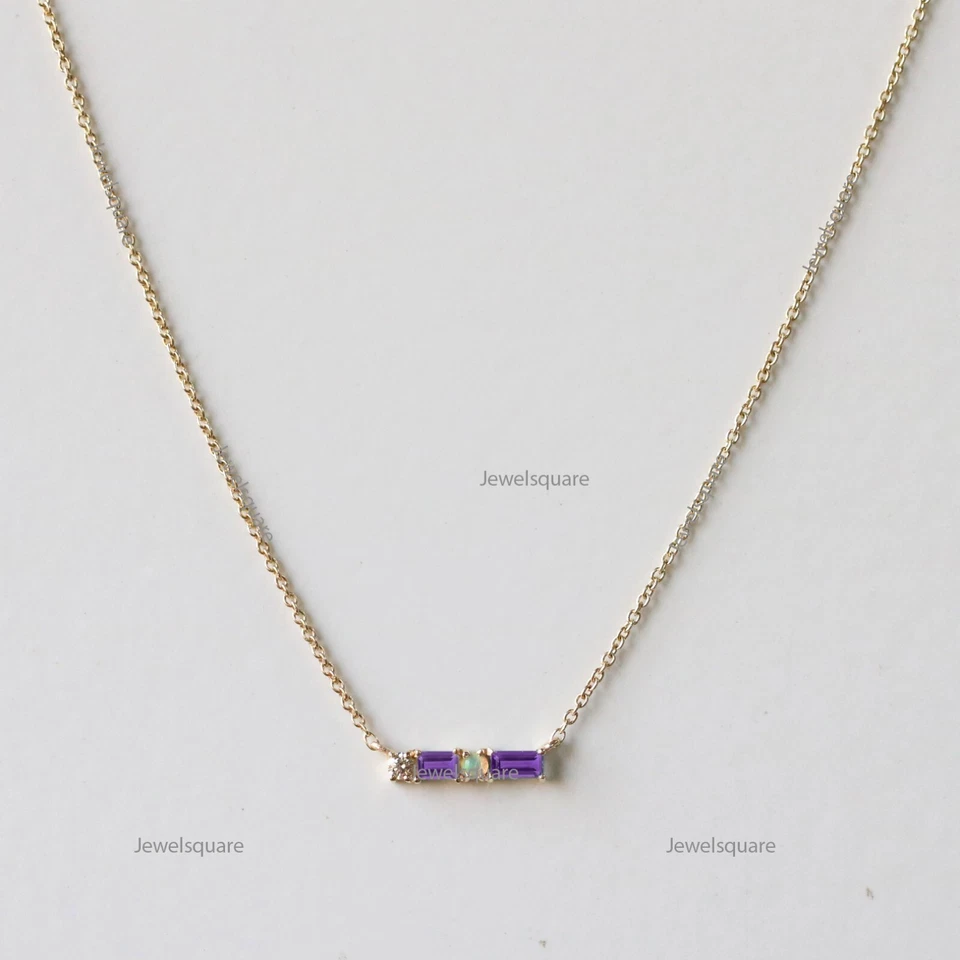 Gargantilla 4x2mm Natural Baguette Amatista, Ópalo Etíope Collar en Capas Oro 14k Foto 1 de 4