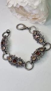 Danon Signed Pewter Ornate Bracelet Topaz colour glass stones VGC - Picture 1 of 10
