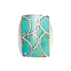 Vintage Mid Century Zuni Fish Scale Inlay Turquoise Men's Ring - Picture 1 of 5