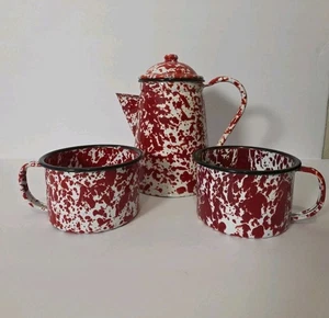 Tetera cafetera vintage roja y blanca esmaltada 3 piezas 2 tazas  - Imagen 1 de 16