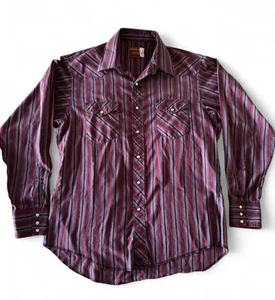 VTG Rustler X-Long Tails Western Wear Pearl Snap Stripped Button Down Large - Picture 1 of 2