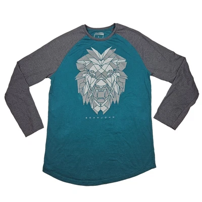 Sean John Lion Graphic L T-Shirt Raglan Teal w/ Gray Long Sleeve Crew Neck Cott - Image 1 of 4