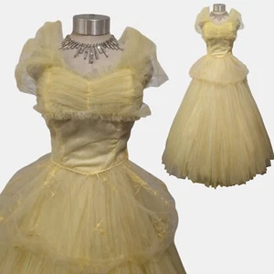 Vtg 50s Prom Dress XS Yellow Bubble Peplum Shelf Bust Tulle Embroidery Gown - Picture 1 of 18