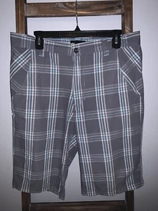Vurt Men's 34 Shorts Chino Flat Front 100% Cotton Plaid Grey, Aqua, & White - Picture 1 of 7