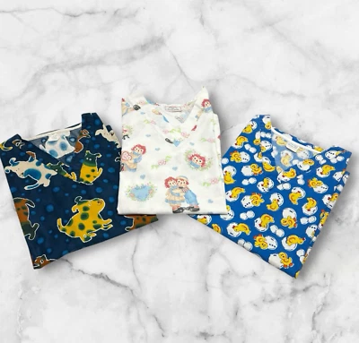 Vintage Scrub Tops Lot of 3 L/XL Pockets Puppies Chicks & Ragedy Ann Tafford - Image 1 of 4