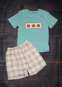 NEW Boutique Pumpkin Boys Plaid Shorts Outfit Set - Picture 1 of 3