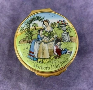 Halcyon Days 1¾" Enamel English Trinket Box - Mother's Day 1982 - Basket Shape - Picture 1 of 6