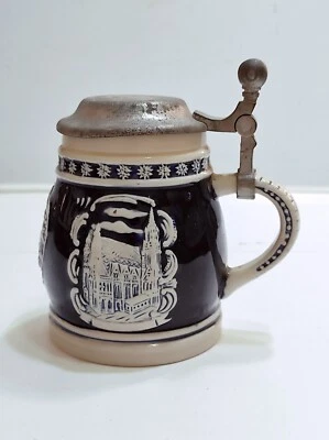 Boccale Birra in ceramica vintage con coperchio in peltro AUSTRIA da collezione - Immagine 1 di 4