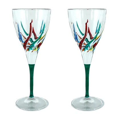 Pair of Murano Wine Glasses Hand Painted Multi Green Stem Venice Italy - Image 1 of 4