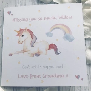 Personalised Missing You Isolation Unicorn Rainbow Card Granddaughter - Picture 1 of 4
