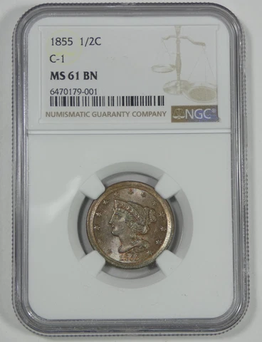 1855 Braided Hair Half Cent CERTIFIED NGC MS 61 BROWN C-1 1/2-Cent Cover
