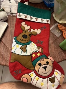 Vintage Felt Christmas Stocking - Christmas Decoration - Bear And Rain Deer Joy - Picture 1 of 3