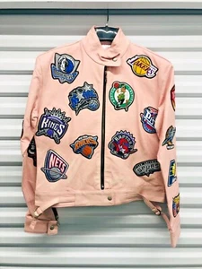 Chaqueta de Cuero Rosa Jeff Hamilton NBA All Teams Patch Lt - Grande para Mujer - Imagen 1 de 8