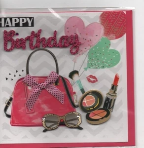 Carte Joyeux Anniversaire Happy Birthday sac à main accessoires 16 x 16 cm - Picture 1 of 2