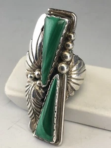 Navajo Sterlingsilber Malachit Ring Größe 7,5 groß Statement Sägezahn Lünette - Bild 1 von 6