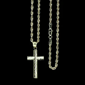 10K Yellow Gold Diamond Cut Cross Charm Pendant & 2.5mm Rope Chain - Picture 1 of 17