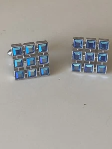 Vintage Silver Tone Swank Cufflinks sky Blue Rhinestones  Crystals Square - Picture 1 of 6