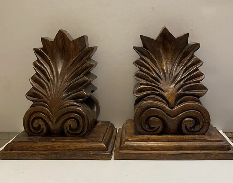 Two Vintage Carved Wooden Corbels 10” Tall Dark Brown Curtain Rod Holders Cover