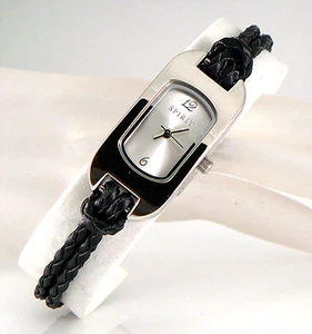 Retrò Progettista Intrecciato Pelle Cinturino Bracciale, Argento Ovale Orologio - Picture 1 of 9