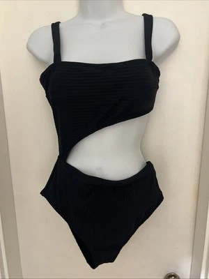 Nuevo con etiquetas Traje de baño para mujer acanalado recortado de una pieza tono y orilla negro talla M 8-10 Foto 1 de 4