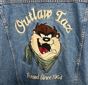 Vintage 90s Warner Bros Outlaw Taz Denim Embroidered Jacket Men Size XL BLEMISH - Picture 1 of 6