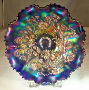 NORTHWOOD GOOD LUCK ELECTRIC BLUE IRIDESCENT 8-1/2" DIAMETER RUFFLED BOWL! - Picture 1 of 5