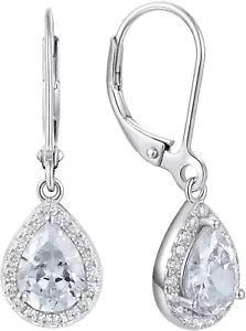 Halo Teardrop Dangle Drop Earrings 925 Sterling Silver Birthstone Leverback Jewe - Picture 1 of 7