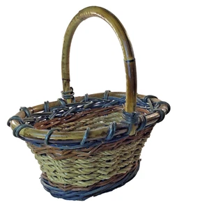 Vintage Wicker Woven Basket with one Handle Bule 2 Tone Brown Oblong 12" tall - Picture 1 of 9