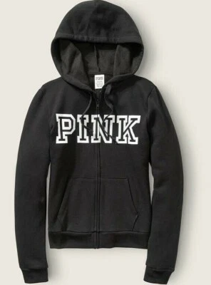 Victoria's Secret Pink Black Logo Full-Zip Up Hoodie Sweatshirt XS, S, L,XL, 2XL - Image 1 of 4