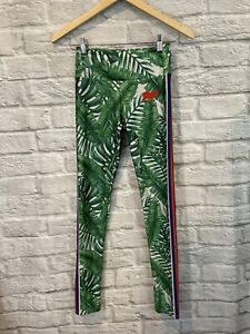 Goldsheep Women's Green Palm Leaf Side Stripe Stretch Athletic leggings Size S