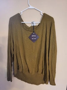 Ava&Viv 14W Khaki Scoop Neck Long Sleeve Drapery T-Shirt B26 - Picture 1 of 2